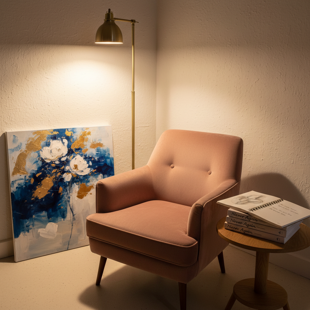 A serene, intimate creative corner suggesting Helen Lidman’s presence without showing a person: a well-worn velvet armchair in muted rose sits beside a small oak side table stacked with multiple copies of “Never Again” and a sketchbook slightly open to an unfinished drawing. One of Helen’s original paintings, rich in layered blues, golds, and soft whites, leans against a textured plaster wall. Warm evening lamplight from a brass floor lamp creates a golden glow, illuminating the book covers and casting gentle, elongated shadows. Captured at eye level with a slightly off-center composition following the rule of thirds, this photographic image conveys warmth, safety, and quiet elegance, emphasizing personal transformation and inner restoration.