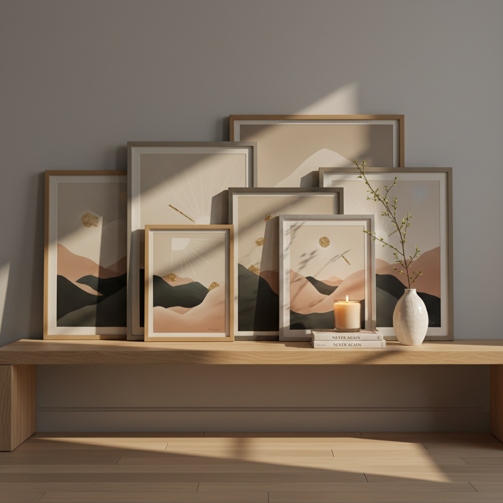 A sophisticated still life capturing the emotional core of Helen Lidman’s creative world: an arrangement of several of her framed artworks in varying sizes, leaning against a matte, dove-gray wall atop a natural wooden console. The paintings show recurring motifs of rising forms, light breaking through darkness, and soft organic shapes in a restrained palette of creams, charcoal, blush, and gold accents. In front of the frames, a small stack of “Never Again” lies neatly beside a lit soy candle and a simple ceramic vase with a single branch, suggesting resilience and new growth. Gentle golden-hour sunlight streams across the scene from the right, creating long, soft shadows and warm highlights. Shot straight-on with sharp focus throughout, the photographic image feels curated, tranquil, and deeply hopeful.