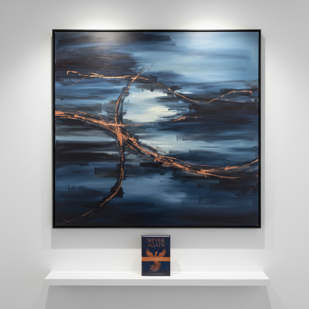 A dramatic, gallery-style close-up of a large original painting by Helen Lidman mounted on a clean white wall, filling most of the frame. The artwork features layered translucent washes and bold, gestural strokes in deep midnight blue, smoky gray, and traces of glowing copper, implying a journey from darkness to light. Below, a minimalist floating shelf holds one pristine copy of “Never Again” standing upright, its cover catching a thin band of light. Directional spotlighting from above accentuates the painting’s texture and metallic details, casting a subtle halo-like reflection on the wall. Shot at a slight upward angle with a narrow depth of field that keeps both canvas and book sharp, the photographic style conveys a refined, almost sacred atmosphere, evoking transformation, dignity, and inner strength.