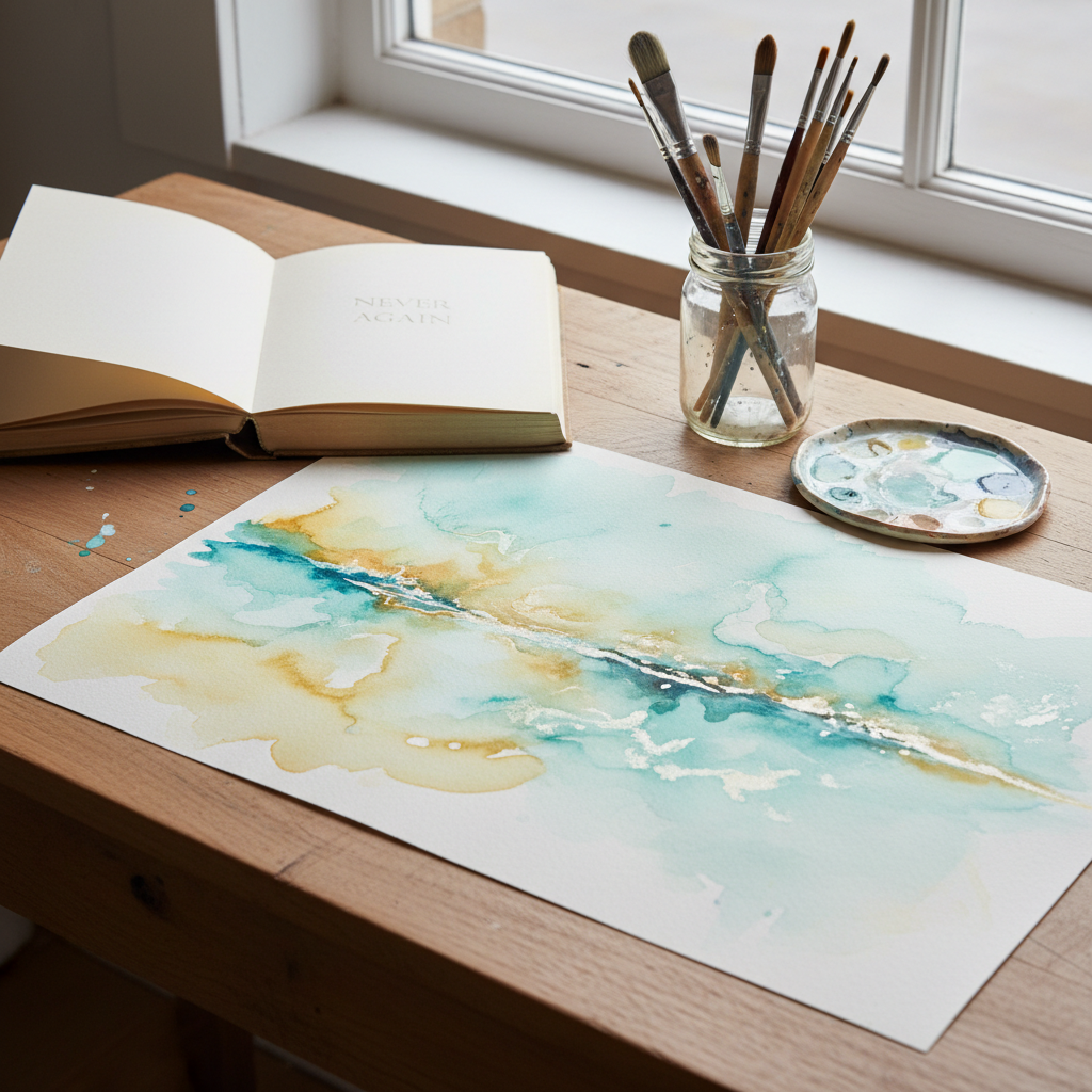 An elegant writing-and-art desk scene where a single copy of “Never Again” lies open, revealing blank, text-free pages that suggest possibility rather than specific content. Beside it, high-quality watercolor paper displays a partially completed, ethereal abstract painting in pale turquoise, warm ochre, and luminous white. A glass jar holds brushes with stained wooden handles, and a small ceramic palette shows mixed paints. Soft overcast daylight filters in from a nearby window, creating a diffuse, even glow with minimal shadows. Photographed from a slightly elevated angle with balanced composition, the image feels calm, intimate, and reflective, blending the world of literature and visual art. The photographic style is clean and modern, conveying quiet courage, creativity, and personal renewal.