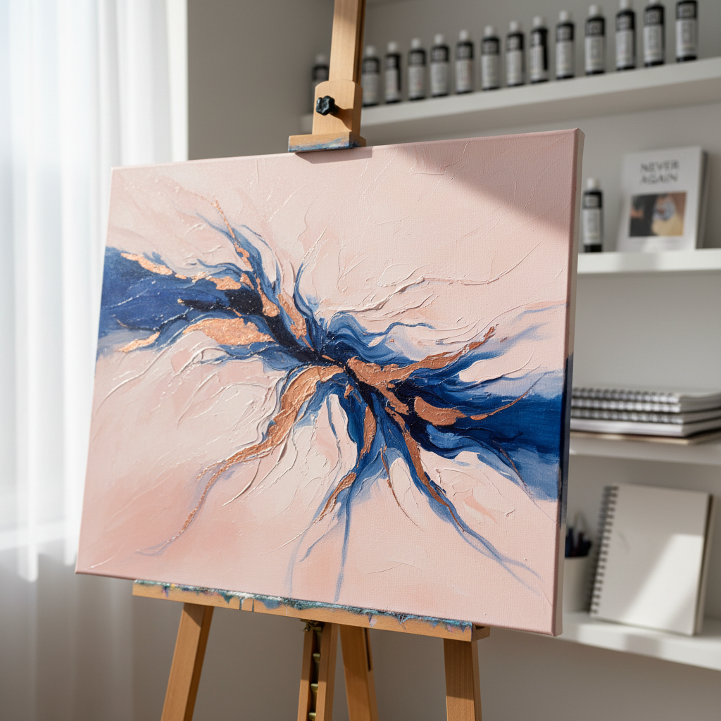 A close-up, high-end photographic shot of one of Helen Lidman’s original canvases resting on an easel in a bright studio. The painting features expressive, textured brushstrokes in soft blush, deep indigo, and hints of metallic copper, suggesting themes of healing and rebirth. In the background, blurred shelves hold neatly arranged tubes of paint, stacked sketchbooks, and a single copy of “Never Again” propped upright. Morning light streams through a large unseen window, creating soft, directional illumination that grazes the textured paint, emphasizing its relief and depth. Captured from a three-quarter angle with a shallow depth of field, the focus is on the tactile surface of the artwork, evoking a mood of hope, exploration, and quiet determination in a sophisticated, gallery-like atmosphere.